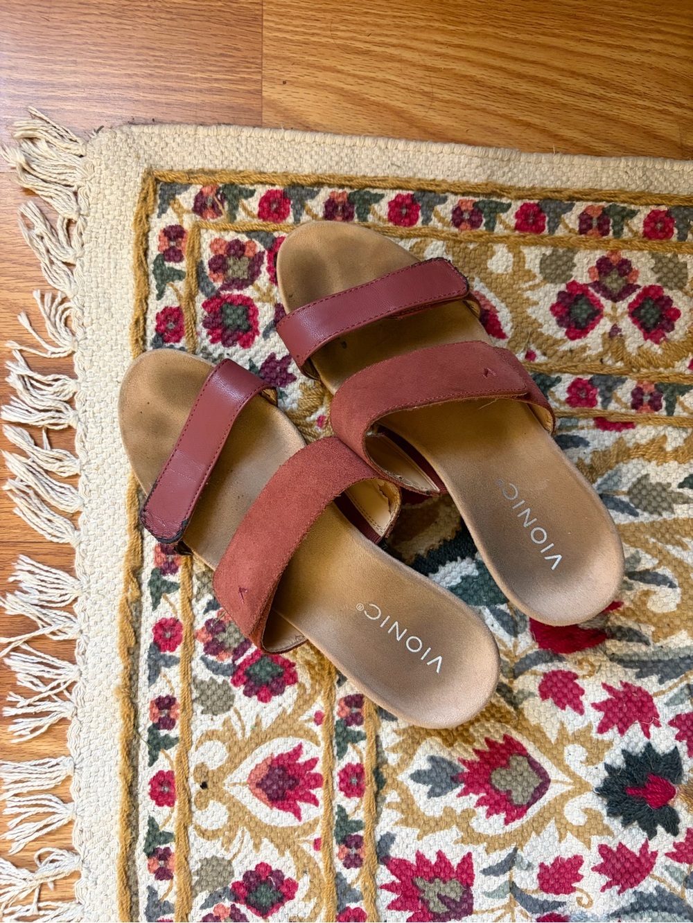 Vionic Women's Double Strap Slide Sandal in Burnt Red and Tan